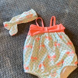 Aqua white pink flamingo swim 3-6 month and matching headband